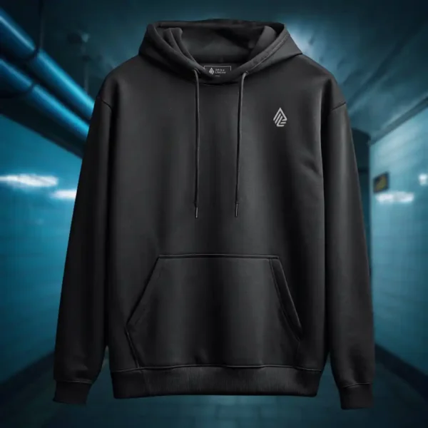 Front view of black pullover hoodie featuring a deformed queen wearing a spike crown with several limbs, blue skin and multiple bodies for its legs