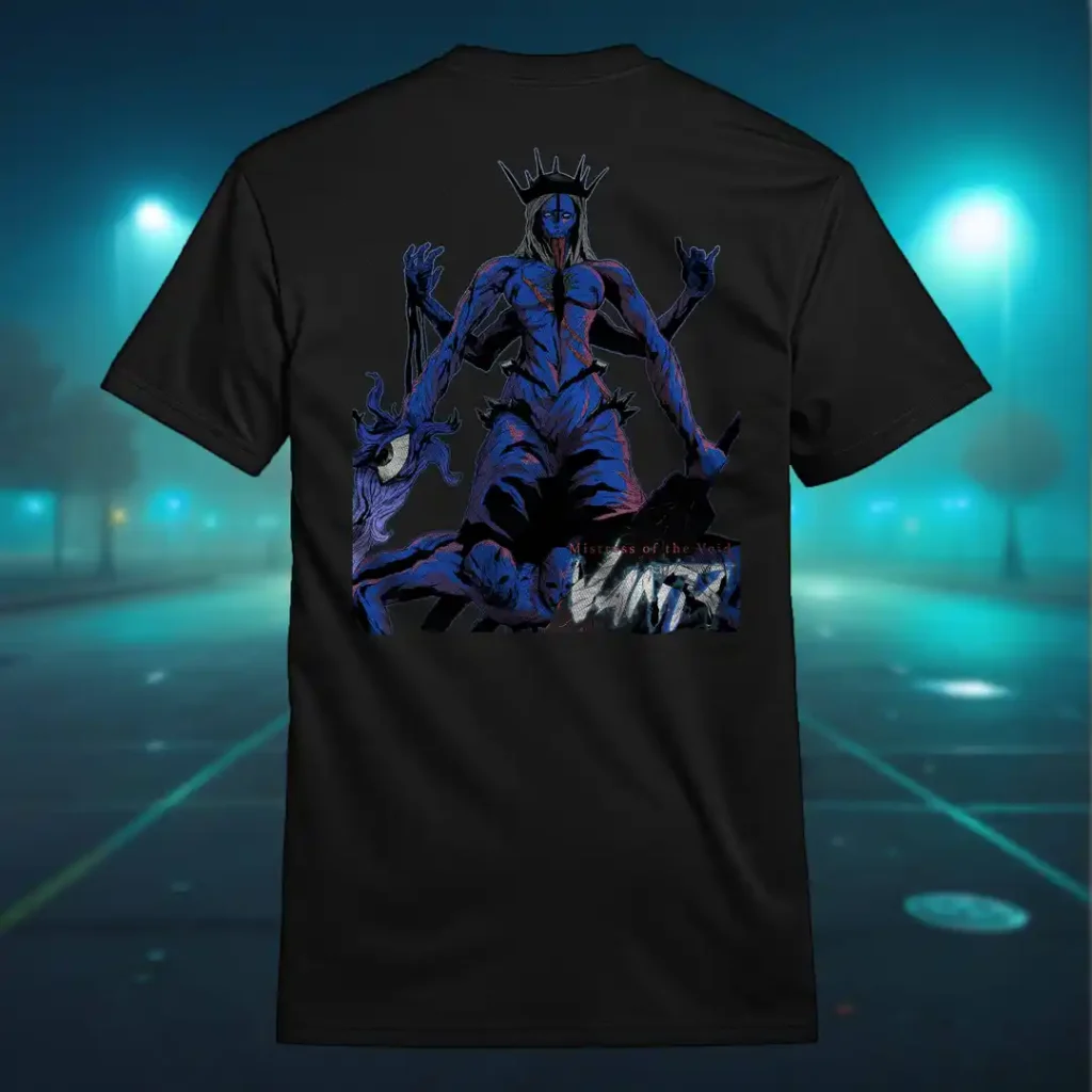 Back view of black Dark Fantasy shirt displaying a deformed queen wearing a spike crown with several limbs, blue skin and multiple bodies for its legs rear graphic placement