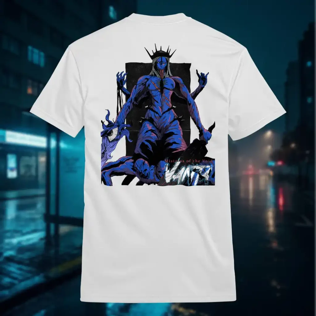 Back view of white Dark Fantasy shirt displaying a deformed queen wearing a spike crown with several limbs, blue skin and multiple bodies for its legs rear graphic placement