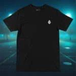 Front view of black shirt featuring a deformed queen wearing a spike crown with several limbs, blue skin and multiple bodies for its legs