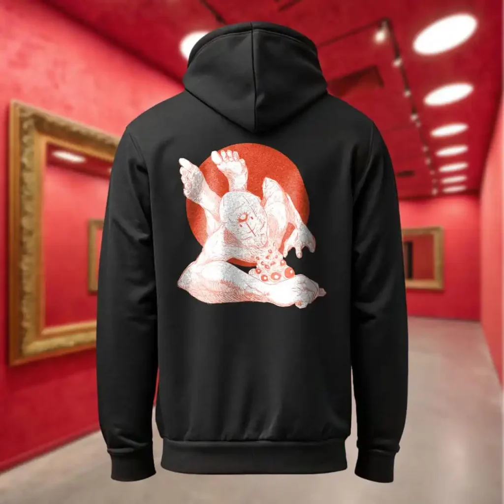 Back view of black Manifesto hoodie displaying a giant bald man crawling with its hands and feet as multiple eyes spew from its chest and chin rear graphic placement and hood detail