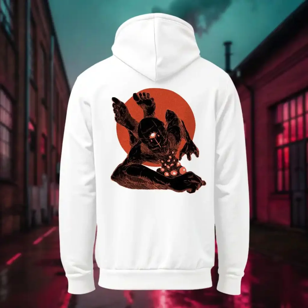 Back view of white Manifesto hoodie displaying a giant bald man crawling with its hands and feet as multiple eyes spew from its chest and chin rear graphic placement and hood detail