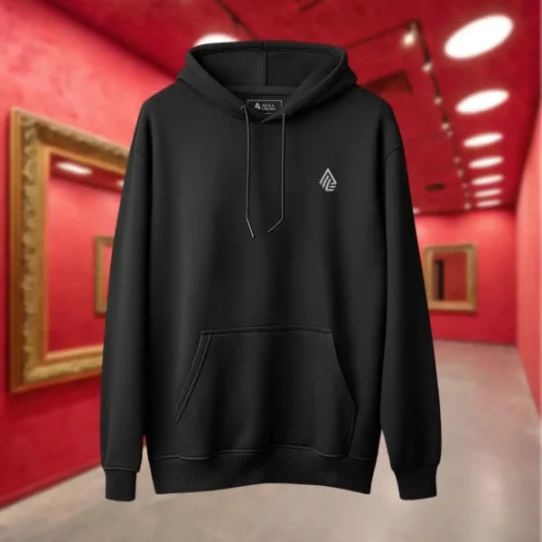 Front view of black pullover hoodie featuring a giant bald man crawling with its hands and feet as multiple eyes spew from its chest and chin