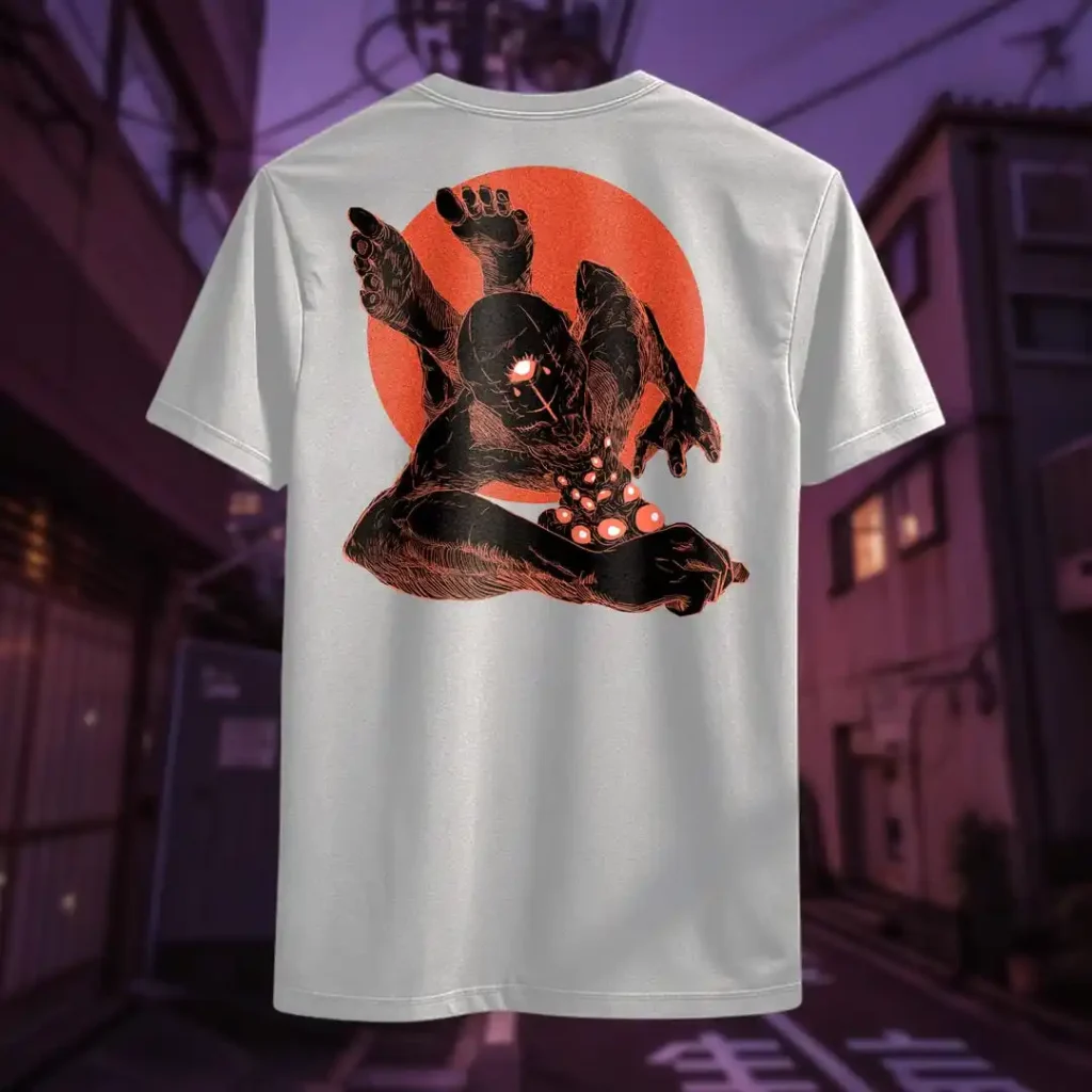 Back view of white Manifesto shirt displaying a giant bald man crawling with its hands and feet as multiple eyes spew from its chest and chin rear graphic placement