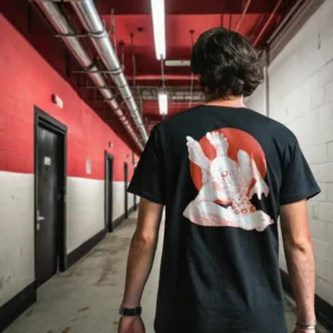 A male model with his back turned wearing a black Manifesto shirt featuring a giant bald man crawling with its hands and feet as multiple eyes spew from its chest and chin