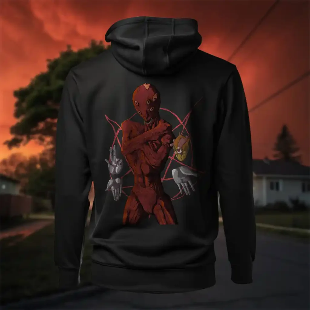 Back view of black Dark Fantasy hoodie displaying a demonic red being, several hands floating and holding different signs with a single heart beating, the pentagram behind silent rear graphic placement and hood detail