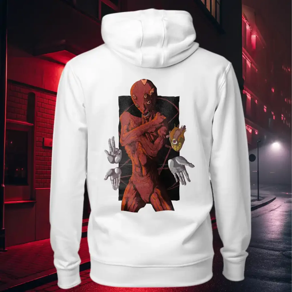 Back view of white Dark Fantasy hoodie displaying a demonic red being, several hands floating and holding different signs with a single heart beating, the pentagram behind silent rear graphic placement and hood detail