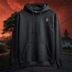 Front view of black pullover hoodie featuring a demonic red being, several hands floating and holding different signs with a single heart beating, the pentagram behind silent