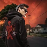 A male model with his back turned wearing a black Dark Fantasy hoodie featuring a demonic red being, several hands floating and holding different signs with a single heart beating, the pentagram behind silent