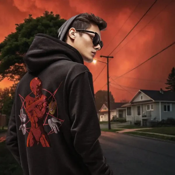 A male model with his back turned wearing a black Dark Fantasy hoodie featuring a demonic red being, several hands floating and holding different signs with a single heart beating, the pentagram behind silent