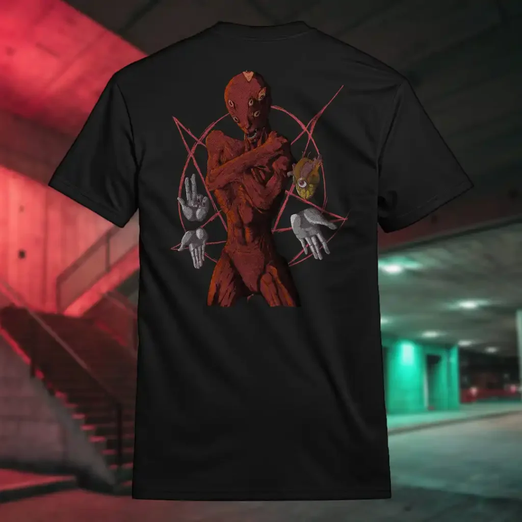 Back view of black Dark Fantasy shirt displaying a demonic red being, several hands floating and holding different signs with a single heart beating, the pentagram behind silent rear graphic placement