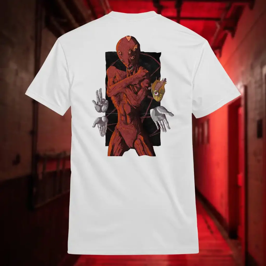 Back view of white Dark Fantasy shirt displaying a demonic red being, several hands floating and holding different signs with a single heart beating, the pentagram behind silent rear graphic placement