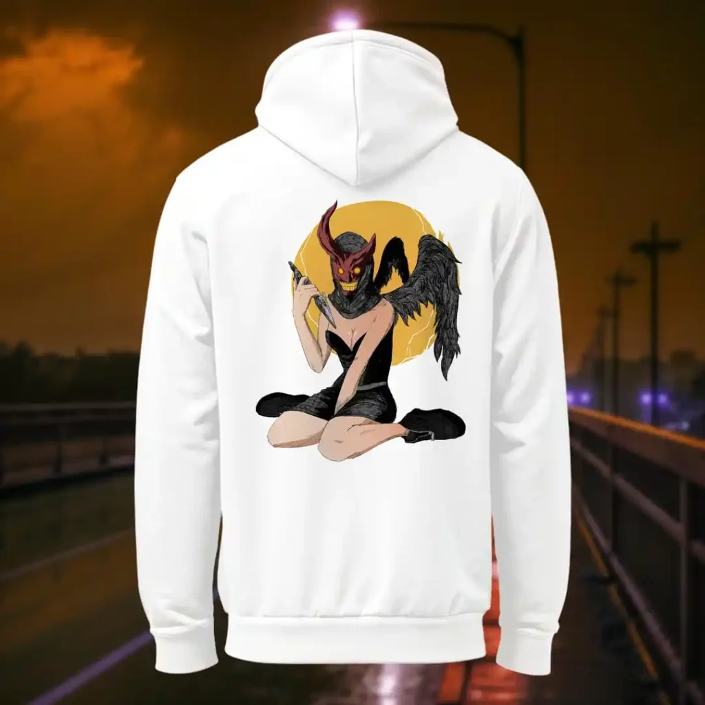Back view of white Manifesto hoodie displaying a winged horned woman sat down, holding a dagger with an evil grin rear graphic placement and hood detail
