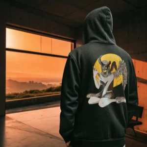 A male model with his back turned wearing a black Manifesto hoodie featuring a winged horned woman sat down, holding a dagger with an evil grin