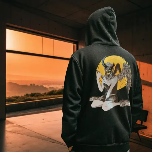 A male model with his back turned wearing a black Manifesto hoodie featuring a winged horned woman sat down, holding a dagger with an evil grin