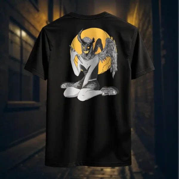Back view of black Manifesto shirt displaying a winged horned woman sat down, holding a dagger with an evil grin rear graphic placement