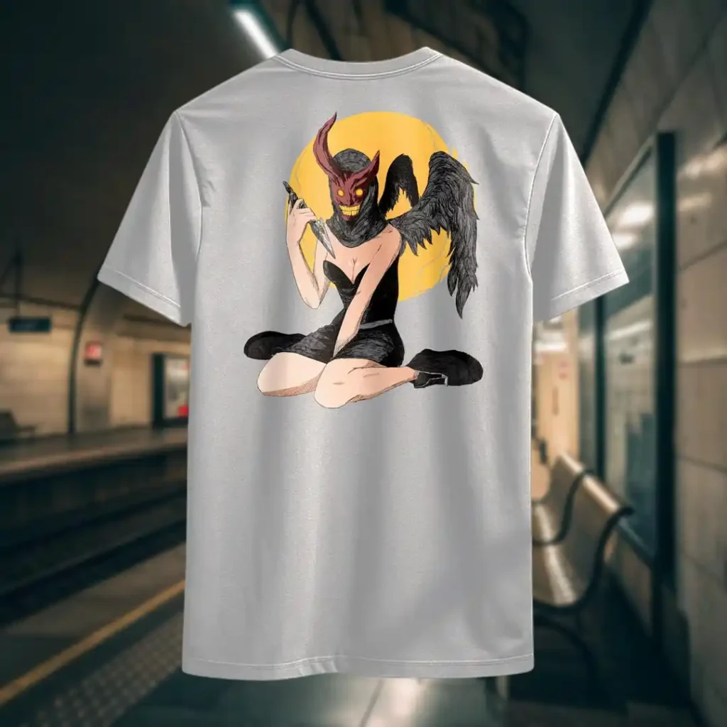 Back view of white Manifesto shirt displaying a winged horned woman sat down, holding a dagger with an evil grin rear graphic placement