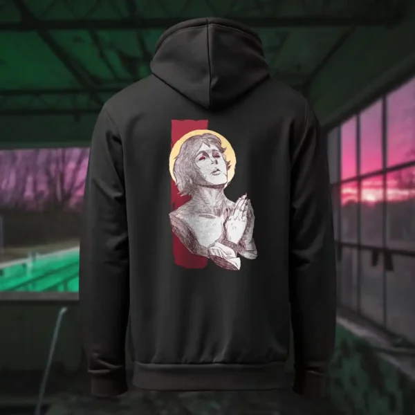 Back view of black Manifesto hoodie displaying a man who seems like a statue, hands in a praying position, eyes staring at the skies above rear graphic placement and hood detail.