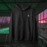Front view of black pullover hoodie featuring a man who seems like a statue, hands in a praying position, eyes staring at the skies above