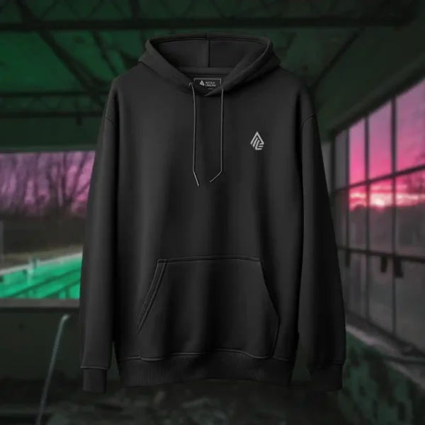 Front view of black pullover hoodie featuring a man who seems like a statue, hands in a praying position, eyes staring at the skies above