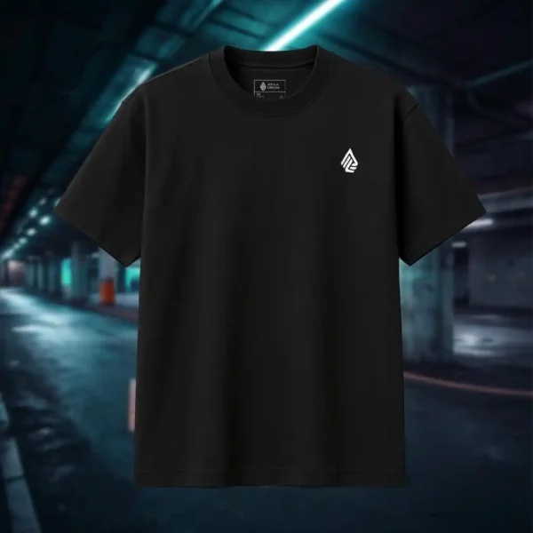 Front view of black shirt featuring a man who seems like a statue, hands in a praying position, eyes staring at the skies above