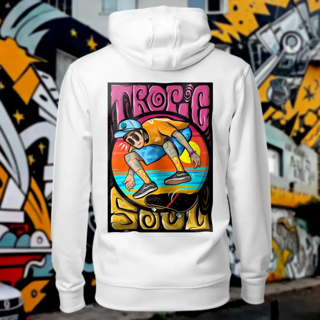 "Back view of white Tropic Soul hoodie displaying the Flip Me skateboard and beach rear graphic placement and hood detail. "
