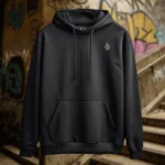 Front view of black pullover hoodie featuring the Flip Me skateboard and beach graphic.