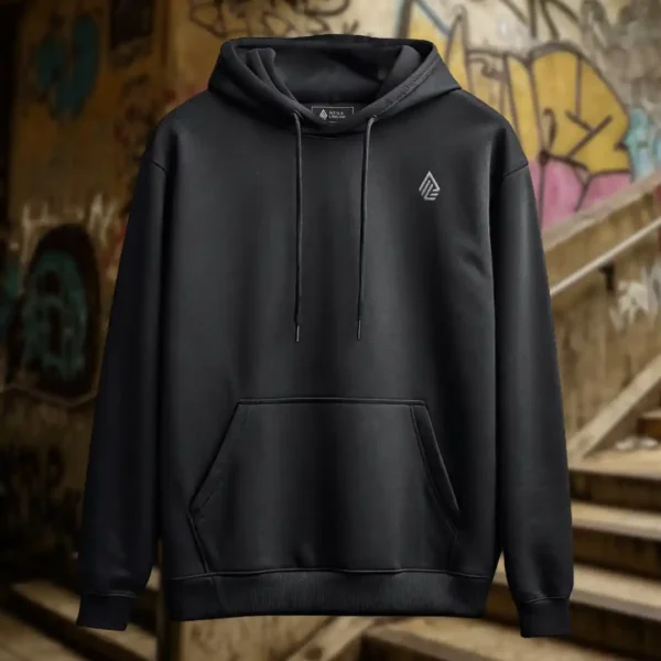 Front view of black pullover hoodie featuring the Flip Me skateboard and beach graphic.