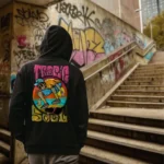 A male model with his back turned wearing a black tropic soul hoodie featuring the Flip Me skateboard and beach graphic.