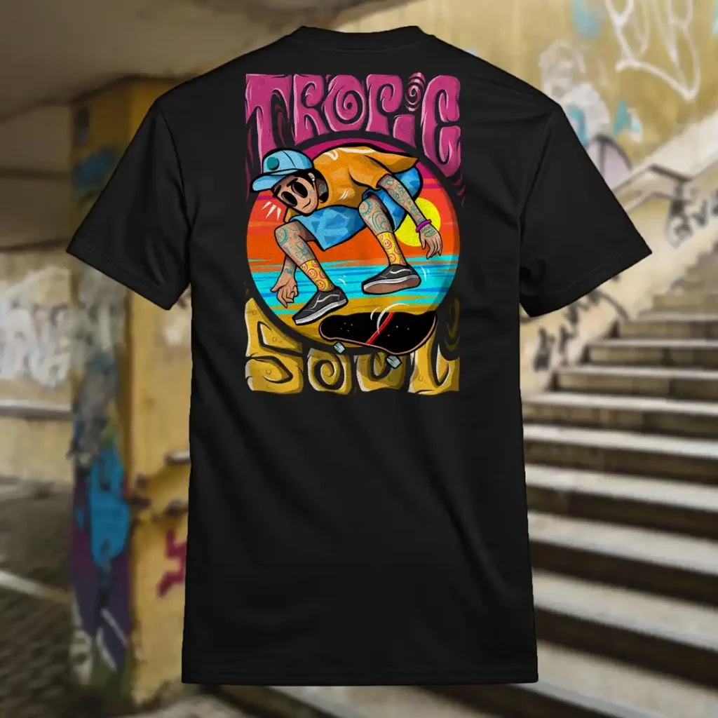 Back view of black Tropic Soul tshirt displaying the Flip Me skateboard and beach rear graphic placement.