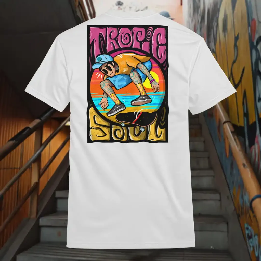 Back view of white Tropic Soul tshirt displaying the Flip Me skateboard and beach rear graphic placement.