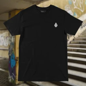 Front view of black tshirt featuring the Flip Me skateboard and beach graphic.