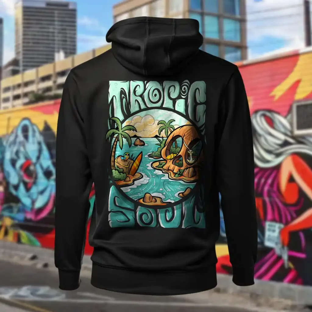Back view of black Tropic Soul hoodie displaying the Secret Skull, treasures, animals and waves rear graphic placement and hood detail.