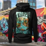 Back view of black Tropic Soul hoodie displaying the Secret Skull, treasures, animals and waves rear graphic placement and hood detail.