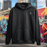 Front view of black pullover hoodie featuring the Secret Skull, treasures, animals and waves graphic.