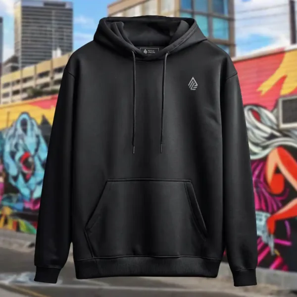 Front view of black pullover hoodie featuring the Secret Skull, treasures, animals and waves graphic.