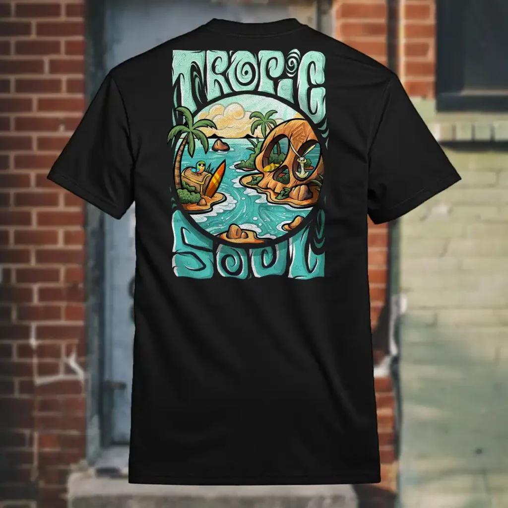 Back view of black Tropic Soul tshirt displaying the Secret Skull, treasures, animals and waves rear graphic placement.