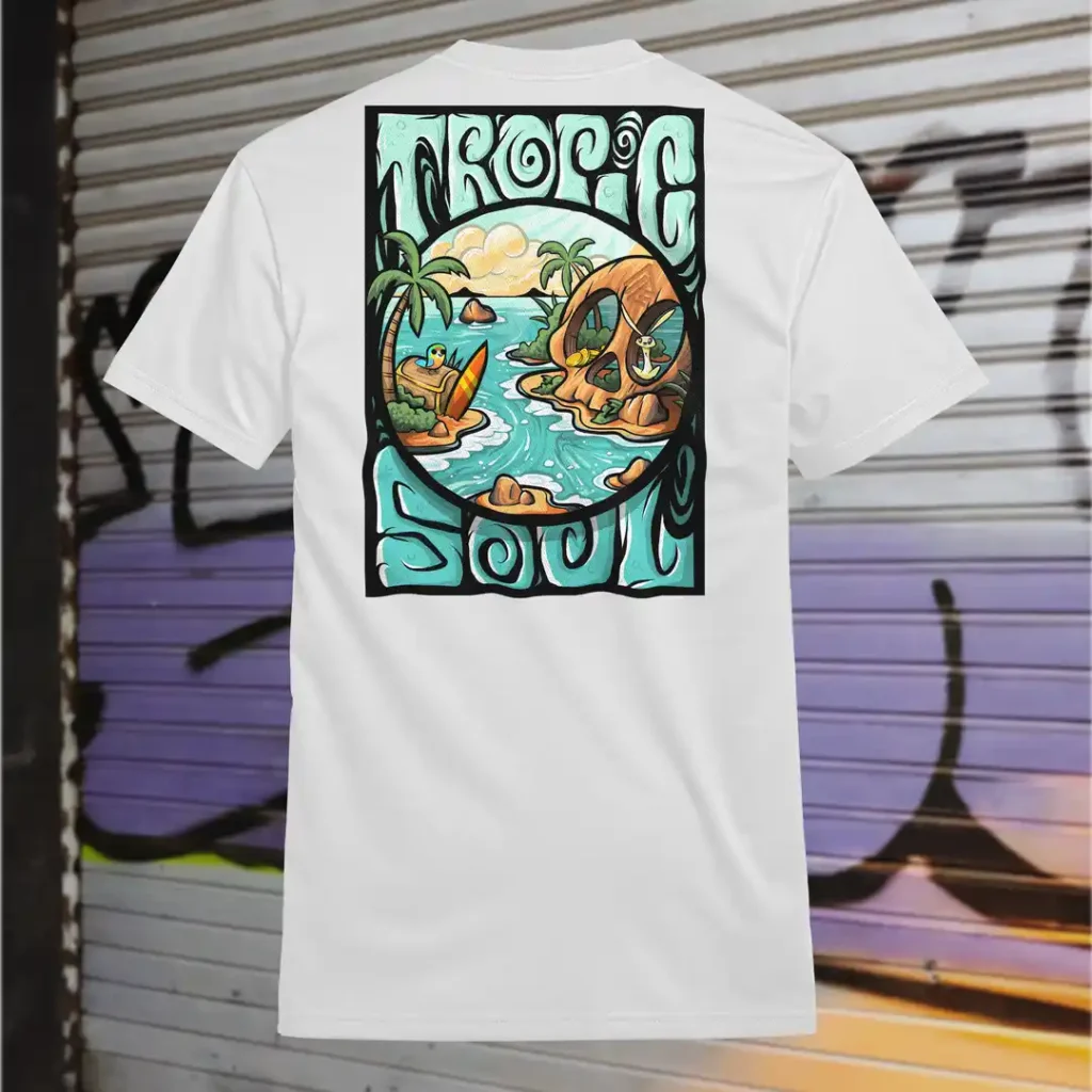 Back view of white Tropic Soul tshirt displaying the Secret Skull, treasures, animals and waves rear graphic placement.