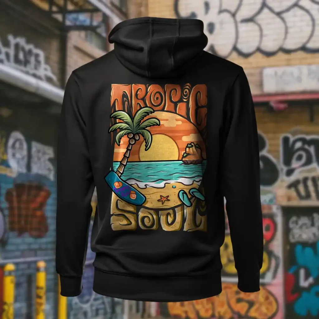 Back view of black Tropic Soul hoodie displaying the Sandset beach and waves rear graphic placement and hood detail.