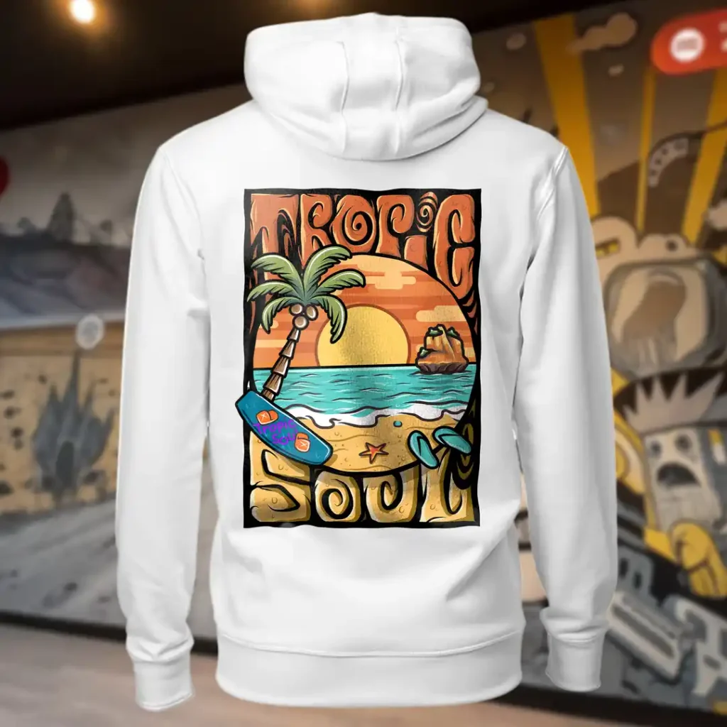 Back view of white Tropic Soul hoodie displaying the Sandset beach and waves rear graphic placement and hood detail.