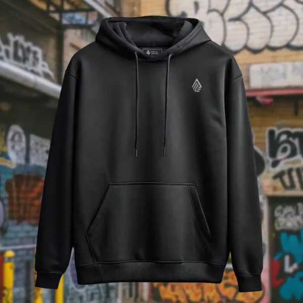 Front view of black pullover hoodie featuring the Sandset beach and waves graphic.