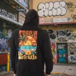 A male model with his back turned wearing a black tropic soul hoodie featuring the Sandset beach and waves graphic.