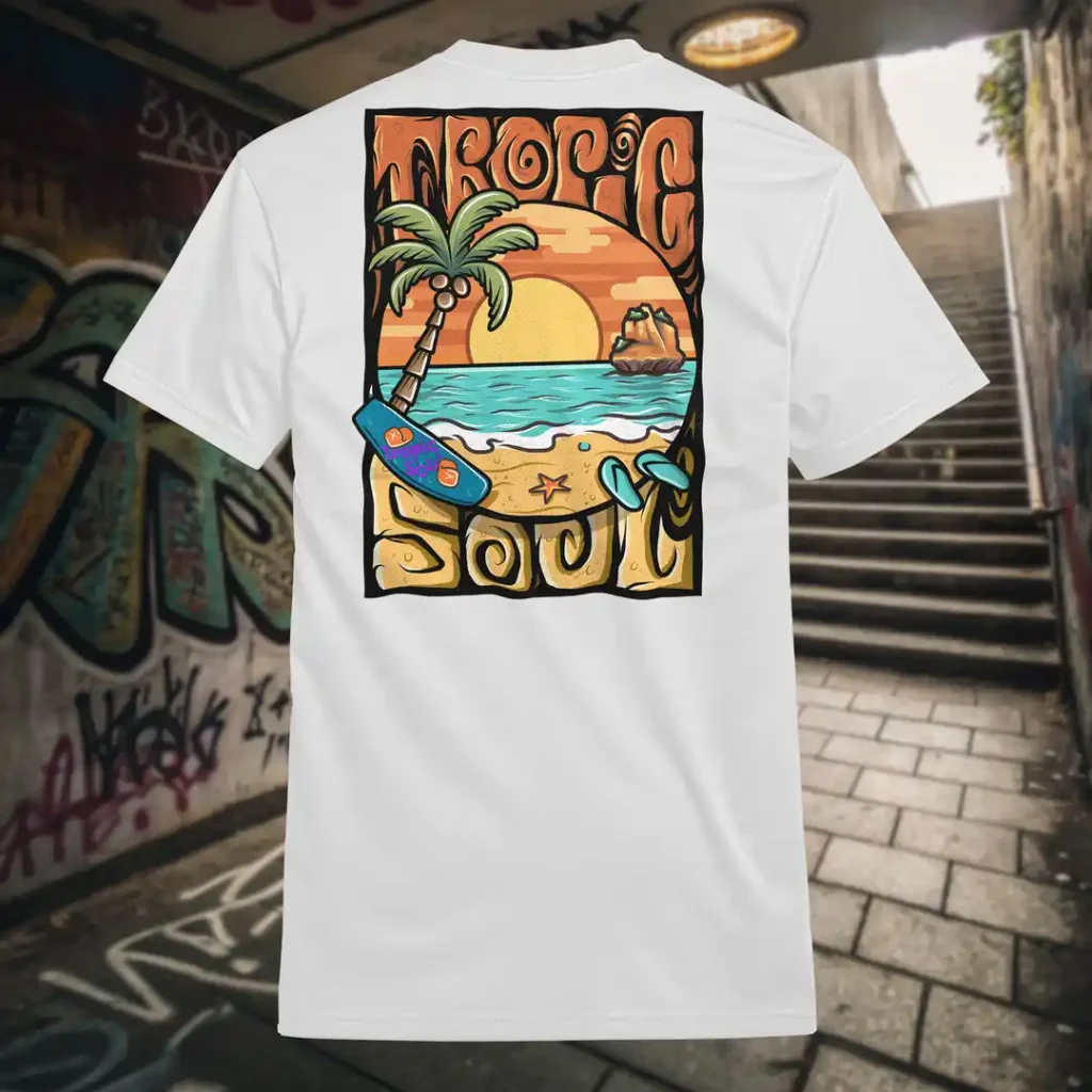 Back view of white Tropic Soul tshirt displaying the Sandset beach and waves rear graphic placement.