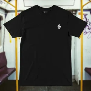 Front view of black tshirt featuring the Sandset beach and waves graphic.