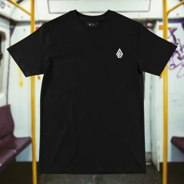 Front view of black tshirt featuring the Sandset beach and waves graphic.