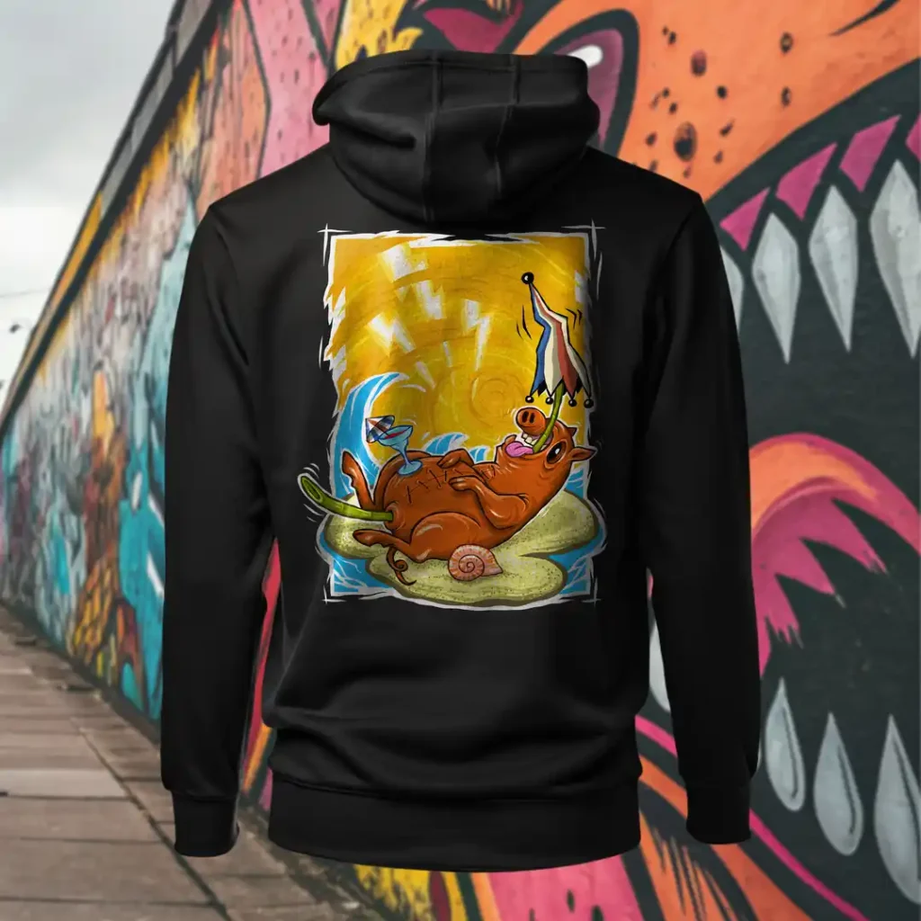 Back view of black Easy Days hoodie displaying a roasted pig skewered by a bamboo stick, lying underneath an umbrella taking cover from the sun rear graphic placement and hood detail.