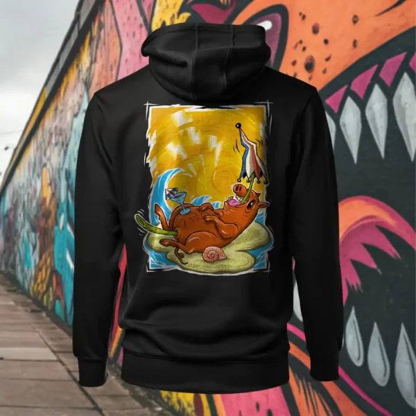 Back view of black Easy Days hoodie displaying a roasted pig skewered by a bamboo stick, lying underneath an umbrella taking cover from the sun rear graphic placement and hood detail.