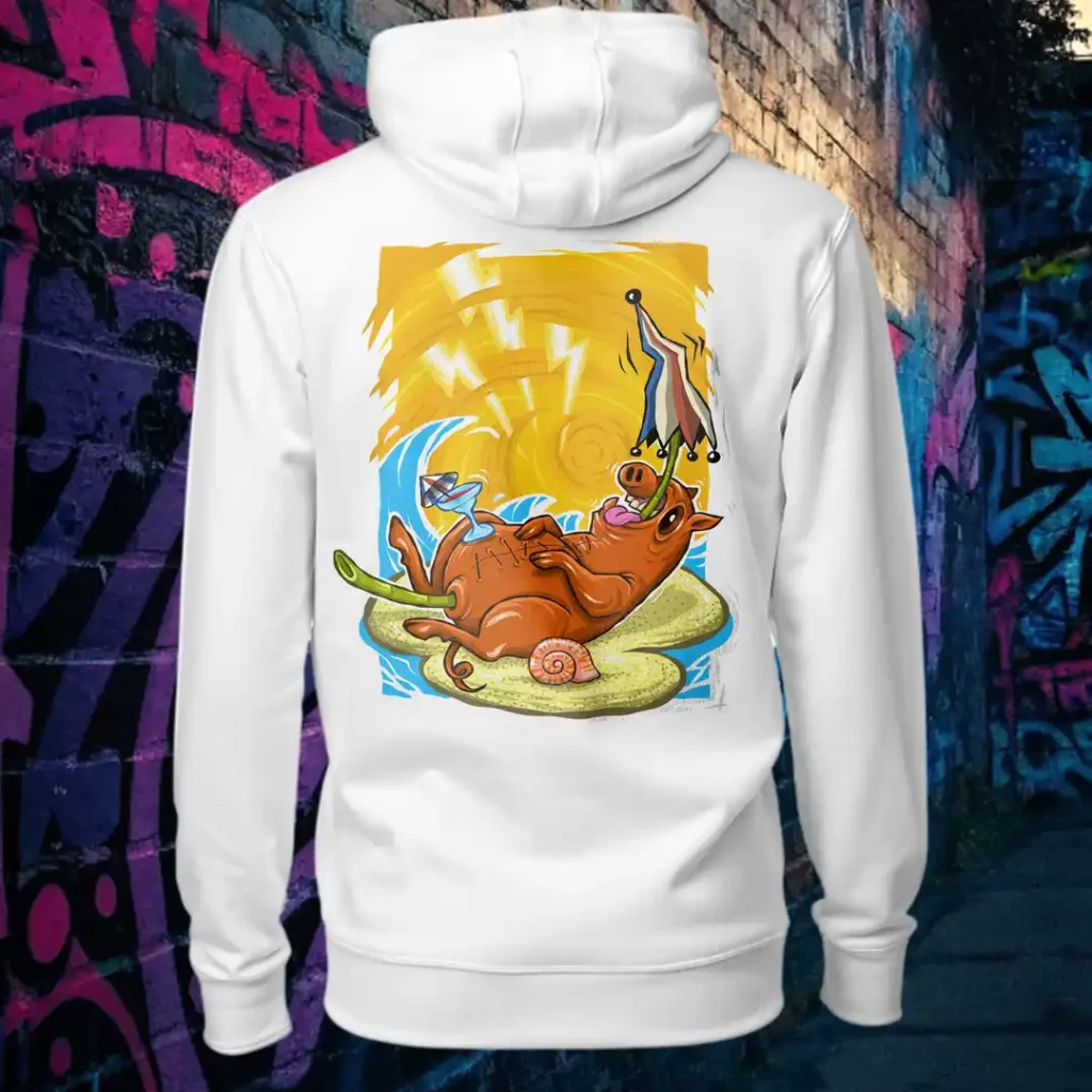 Back view of white Easy Days hoodie displaying a roasted pig skewered by a bamboo stick, lying underneath an umbrella taking cover from the sun rear graphic placement and hood detail.