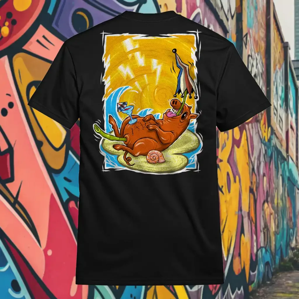 Back view of black Easy Days tshirt displaying a roasted pig skewered by a bamboo stick, lying underneath an umbrella taking cover from the sun rear graphic placement.