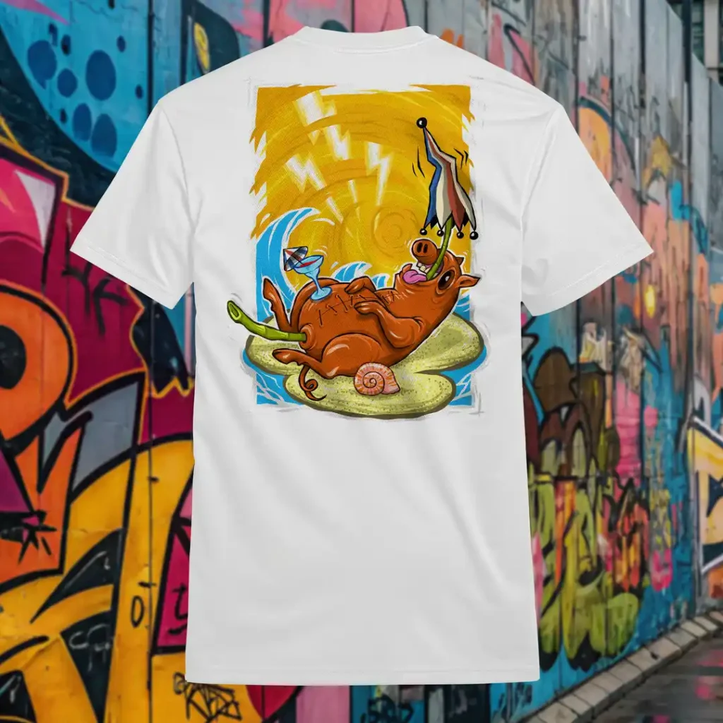 Back view of white Easy Days tshirt displaying a roasted pig skewered by a bamboo stick, lying underneath an umbrella taking cover from the sun rear graphic placement.